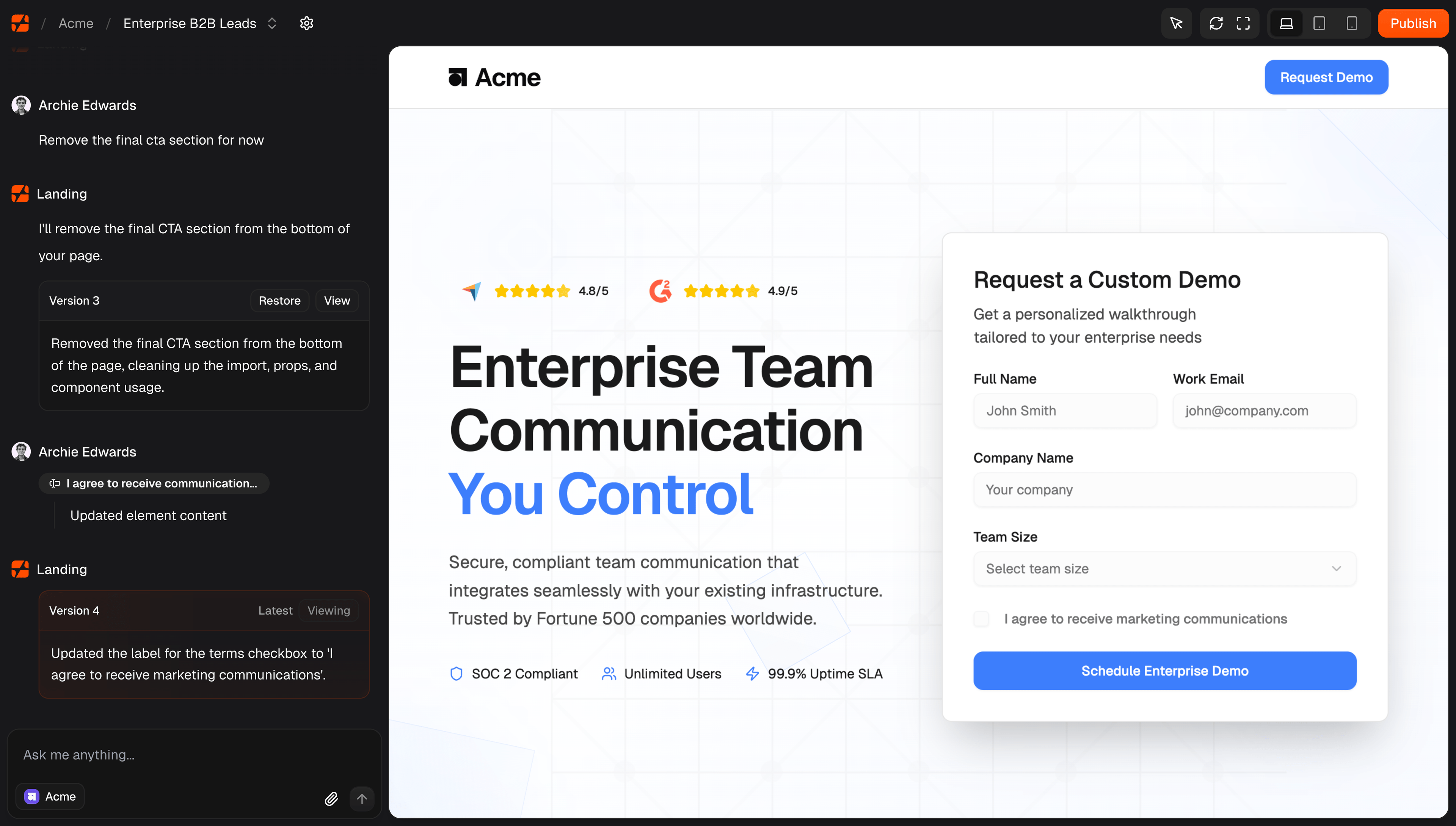 Landing platform interface showing enterprise team communication landing page builder with form integration and real-time collaboration features