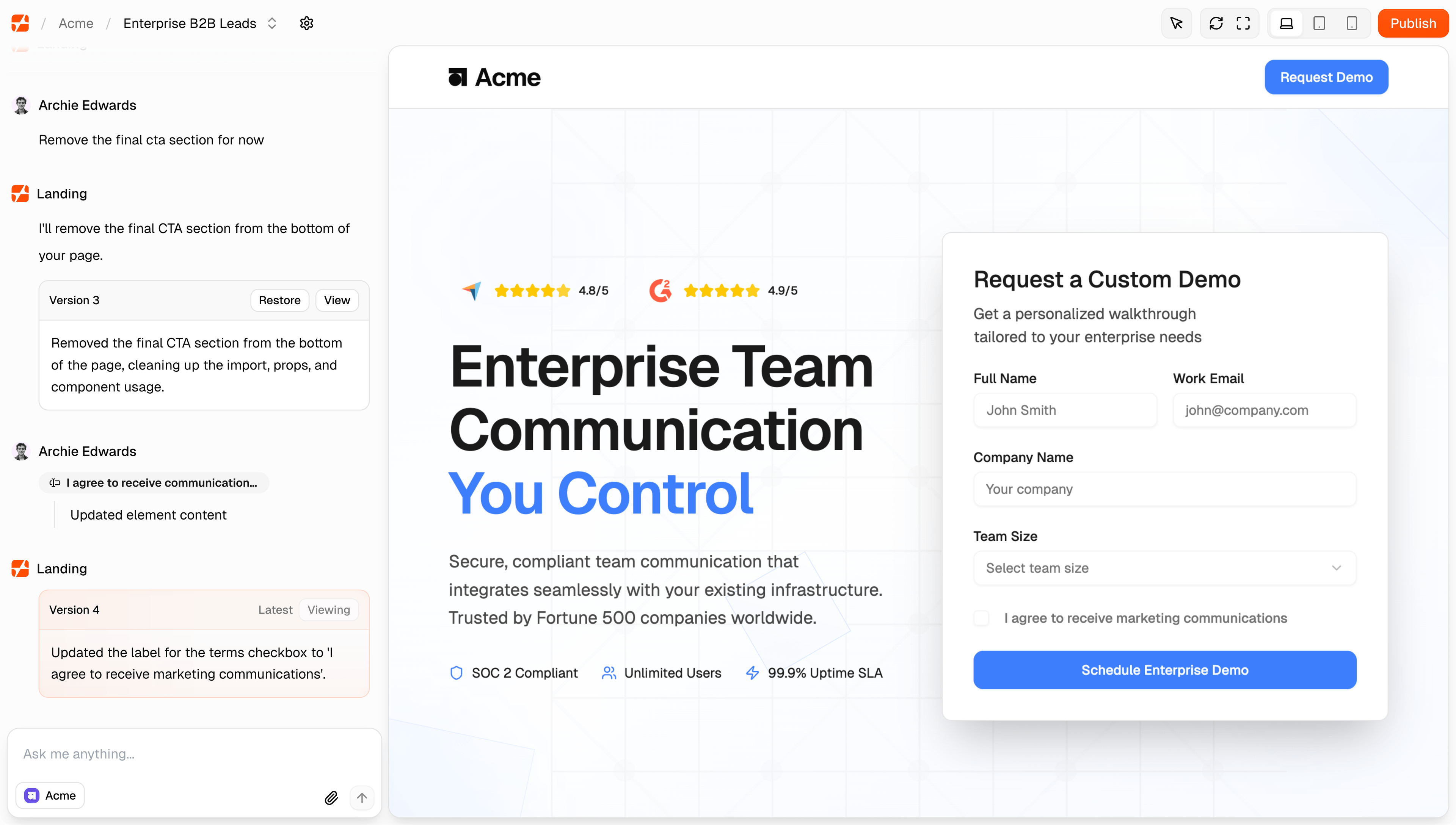 Landing platform interface showing enterprise team communication landing page builder with form integration and real-time collaboration features
